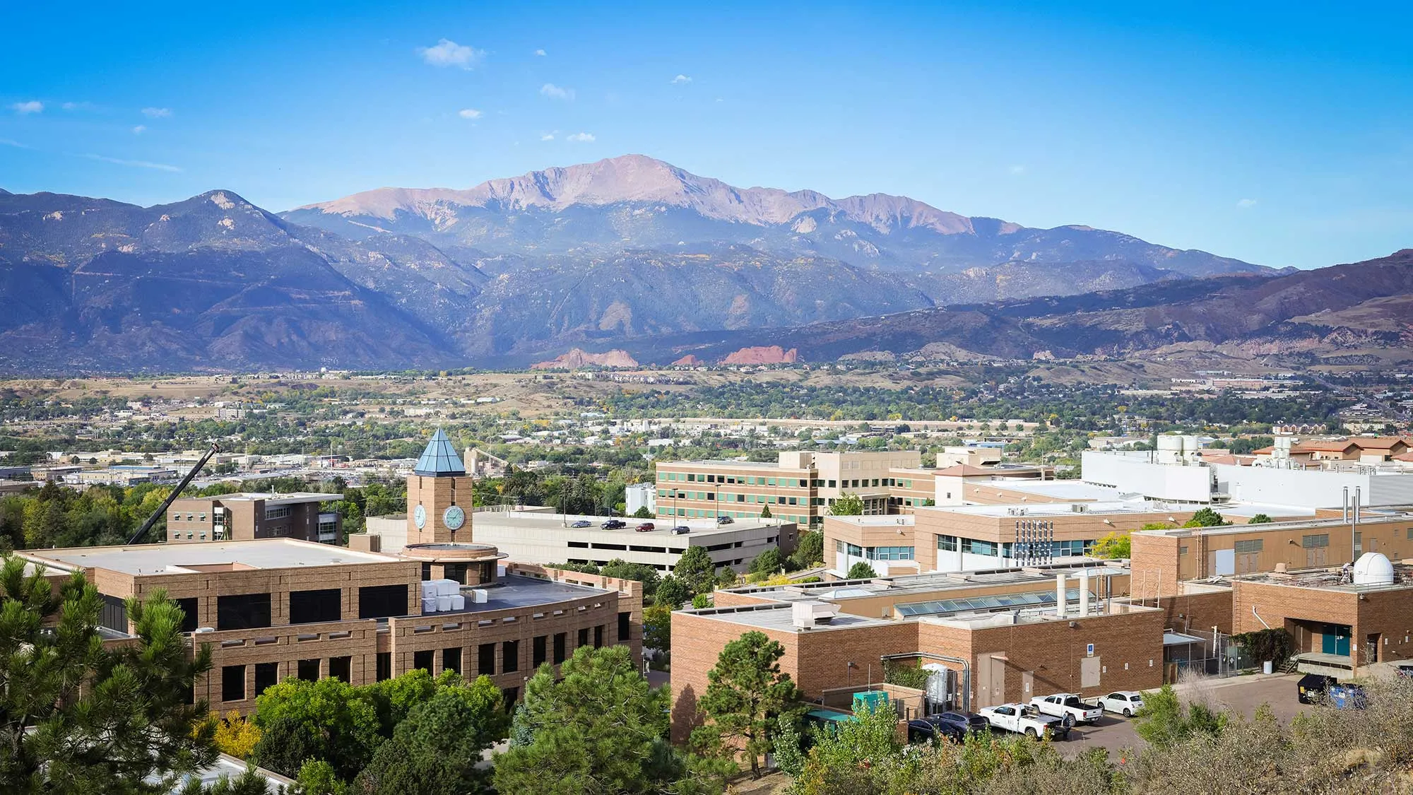 UCCS campus from back facing Pikes Peak in the summer. 