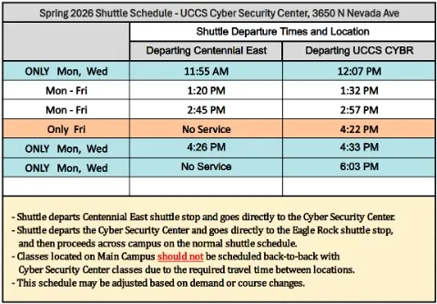 Cyber Ctr Shuttle Schedule Spring 2026 on a chart