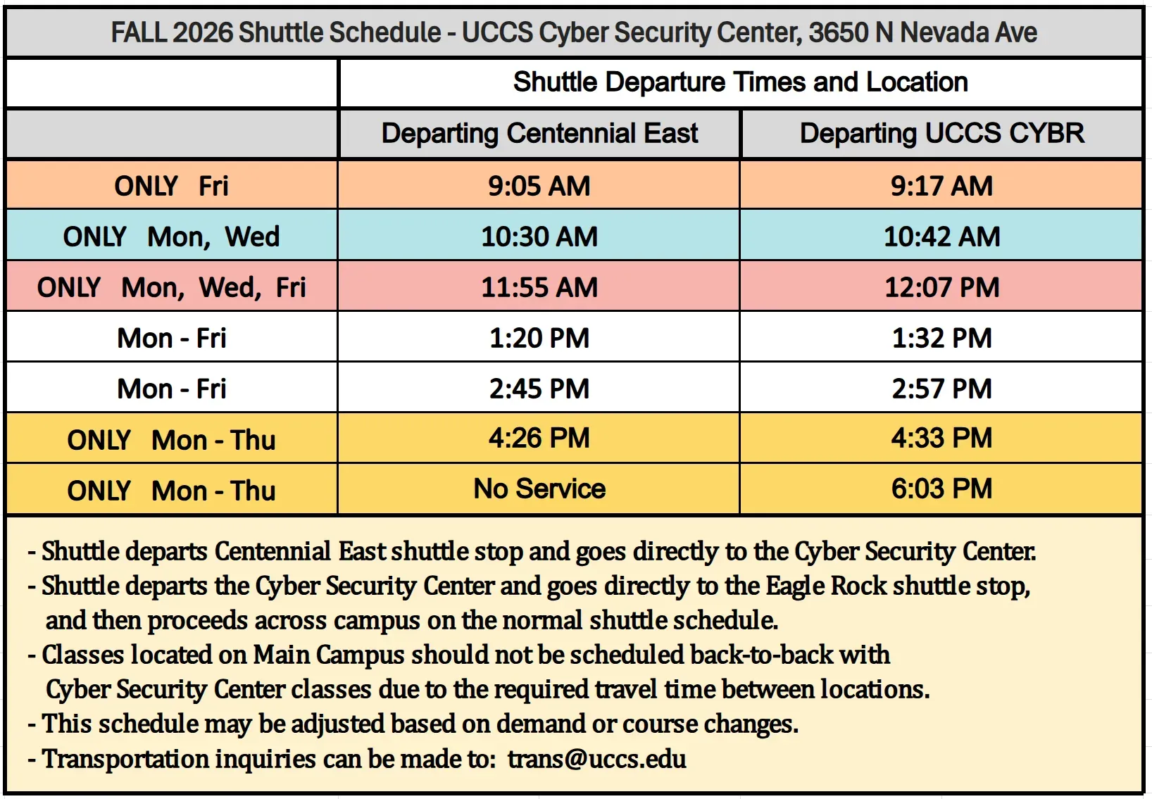 UCCS Cybersecurity Center Shuttle Schedule - Fall 2026