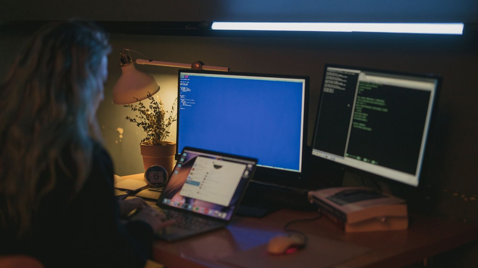 Woman on computer, looking at code